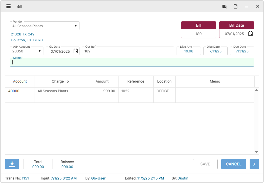 Bill entry form with vendor, account distribution, and line items