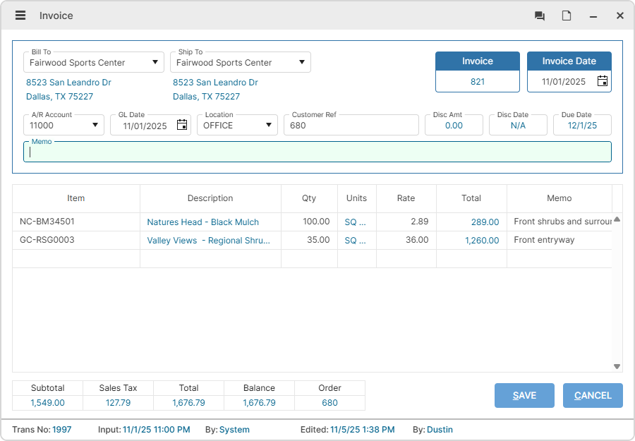 Invoice form with customer, billing addresses, line items, and total