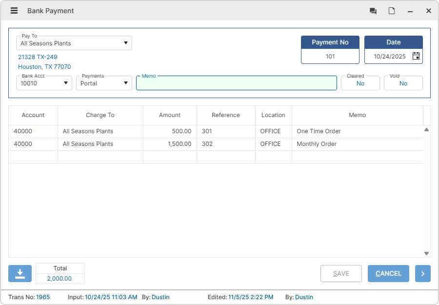 Bank payment form with account distribution and reconciliation rows