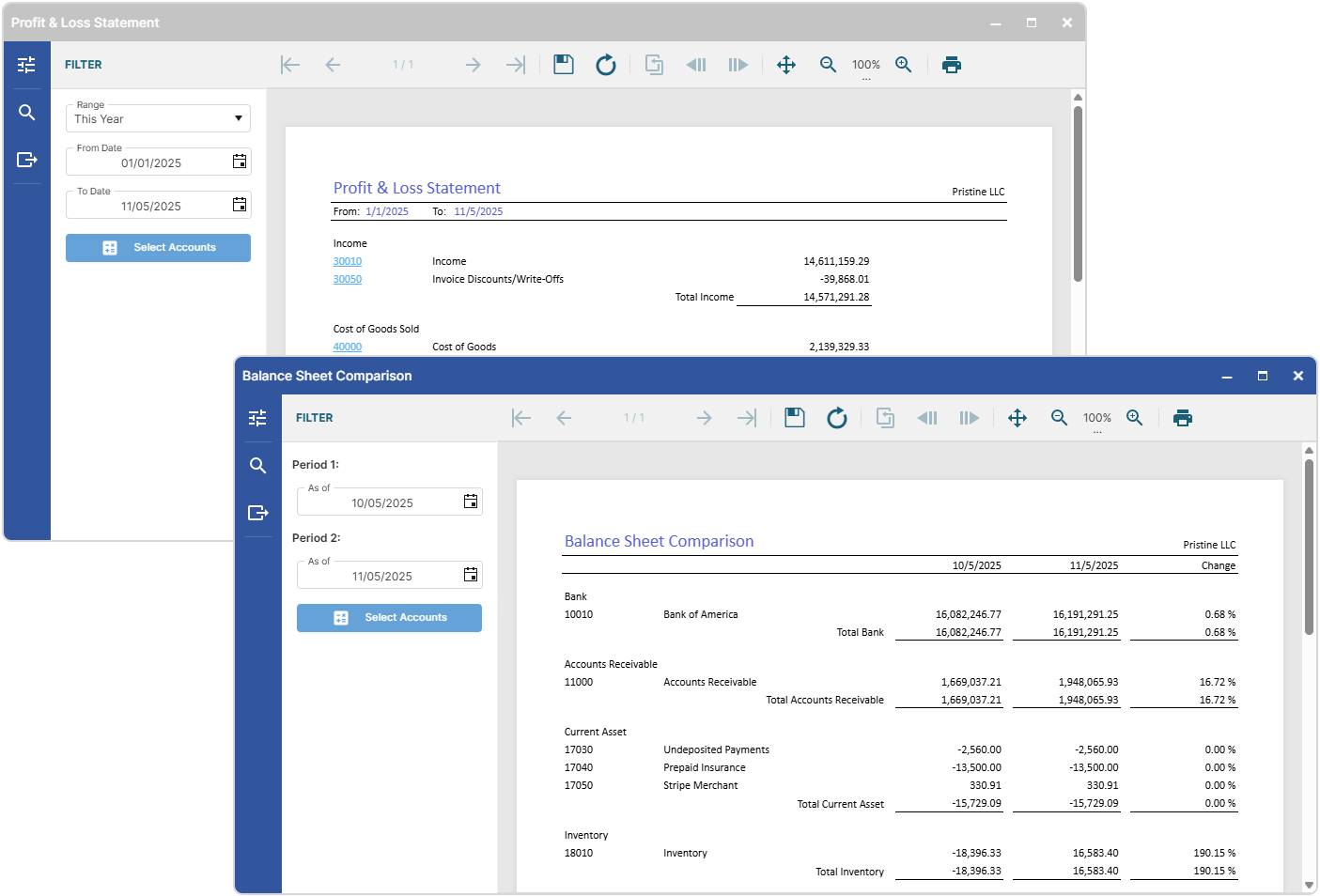 Profit-and-loss statement and balance sheet comparison views