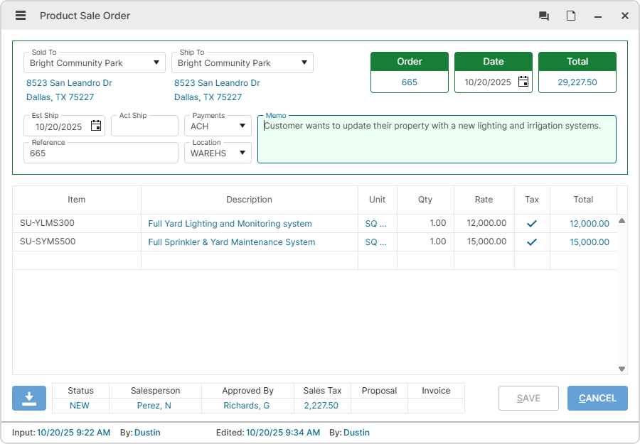 ProBuilt Software Operations Management Product Service Sale Orders Form