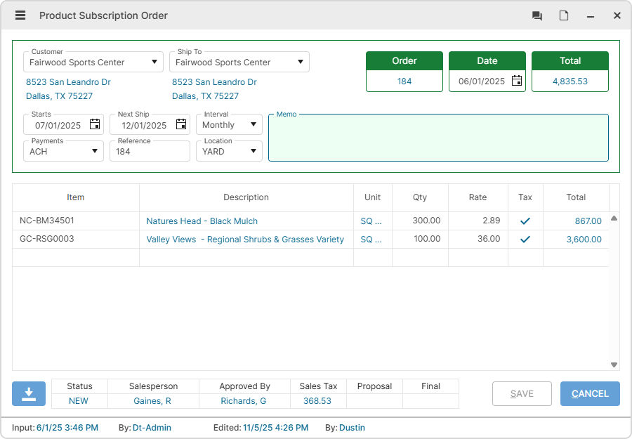 ProBuilt Software Operations Management Product Service Subscription Orders Form